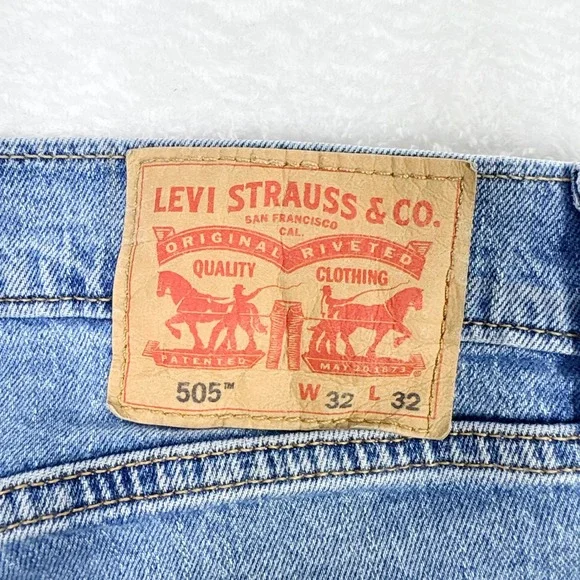 Levis 505 Regular Fit Straight Leg Light Wash Blue Stretch Jeans Mens 32x32 - Picture 10 of 11